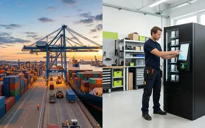 A la izquierda, un puerto de contenedores al atardecer; a la derecha, un técnico ajusta una máquina expendedora de columna en un taller