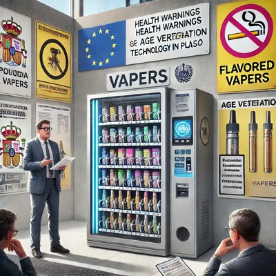 Máquina expendedora de vapers junto a documentación normativa