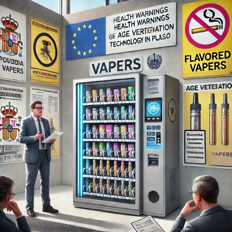 Máquina expendedora de vapers junto a documentación normativa