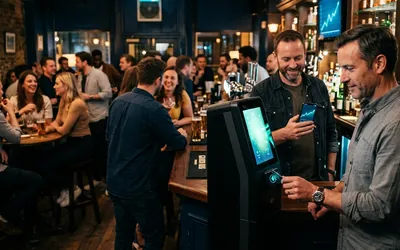 Cliente pagando con tarjeta en una máquina expendedora de un pub lleno mientras el dueño mira sus ingresos en el móvil