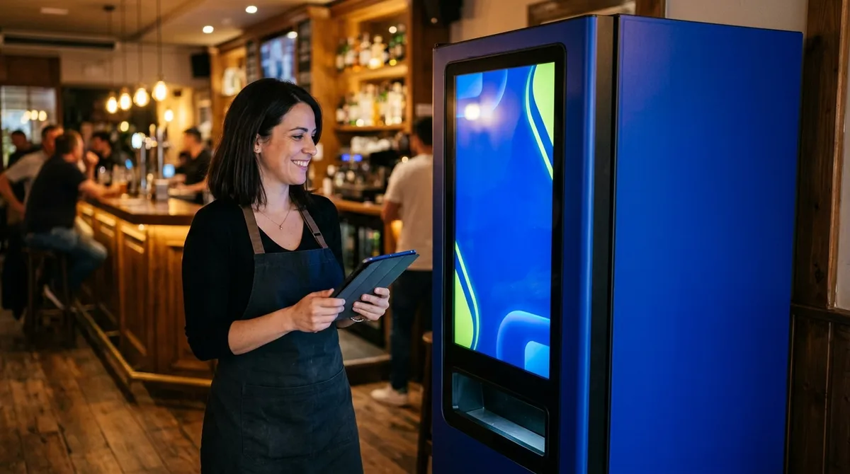 Dueña de un pub con una tablet junto a su máquina expendedora de vapers azul con pantalla táctil, recién instalada al lado de la barra
