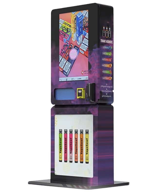 Detalle de la pantalla táctil y el dispensador de una máquina de vapers