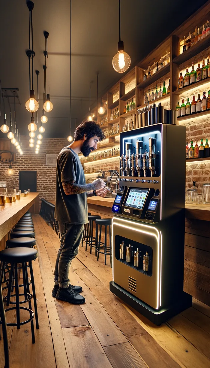 Técnico profesional instalando una máquina de vending de vapers en un bar