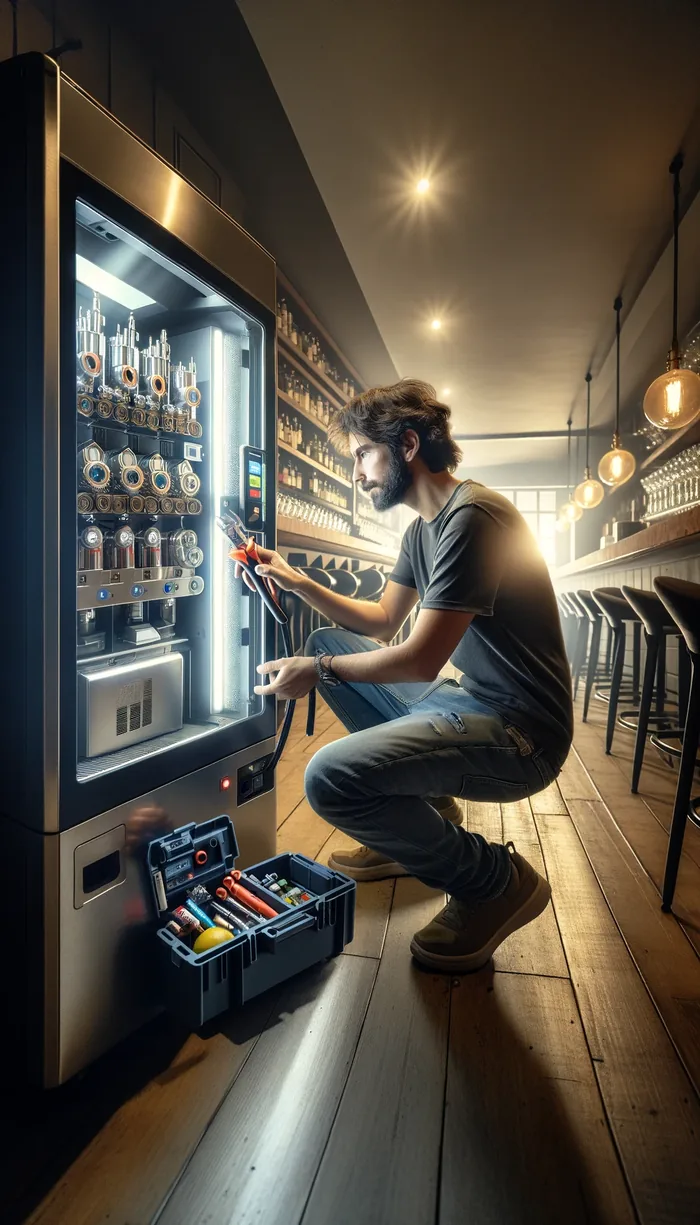 Técnico de servicio realizando el mantenimiento de una máquina de vending de vapers